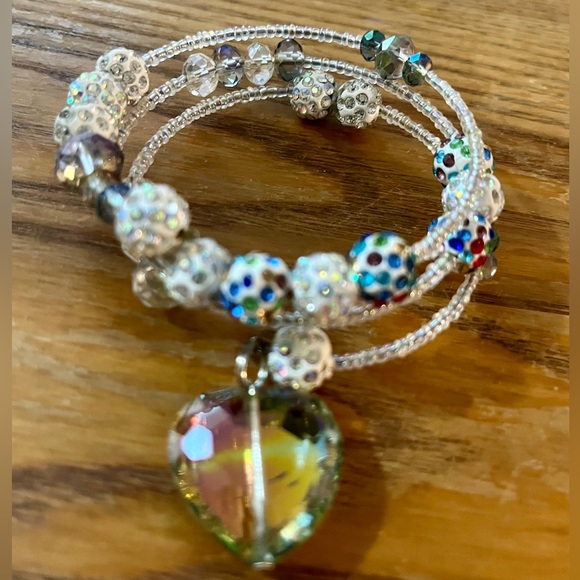 Handmade Spiral Wrap Bracelet Rhinestone Iridescent Beads & Crystal Heart Bangle - Picture 2 of 7
